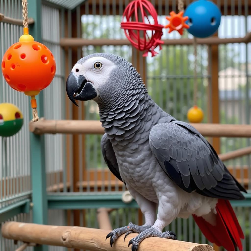 African Grey Parrot interacting with toys