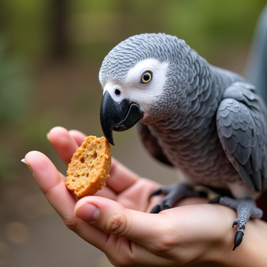 African Grey Parrot Being Hand-Fed by its Owner