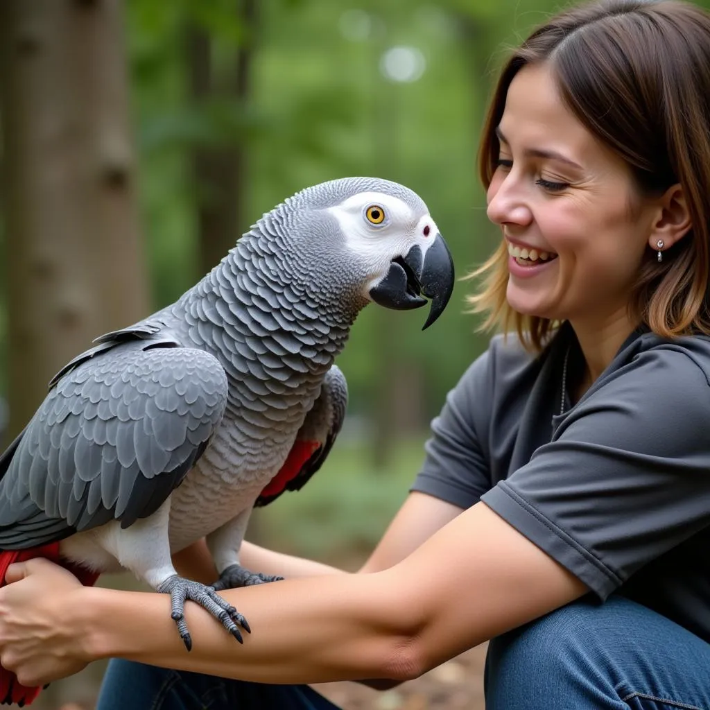 An African Grey parrot interacts with a breeder