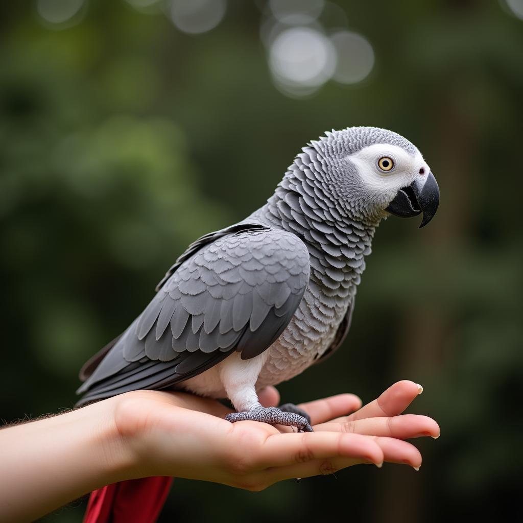 African grey parrot interacting with a human