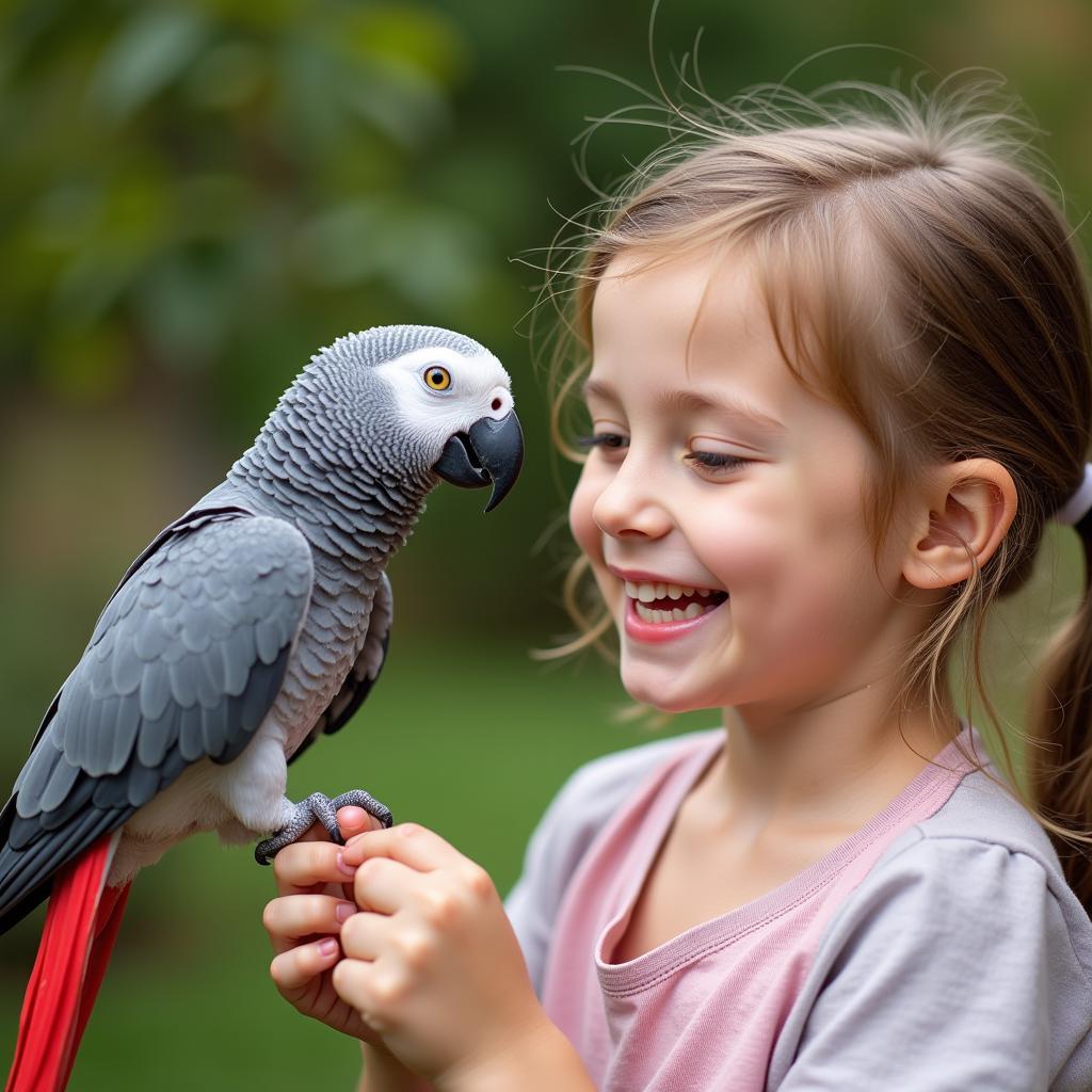 African Grey parrot interacting with its owner