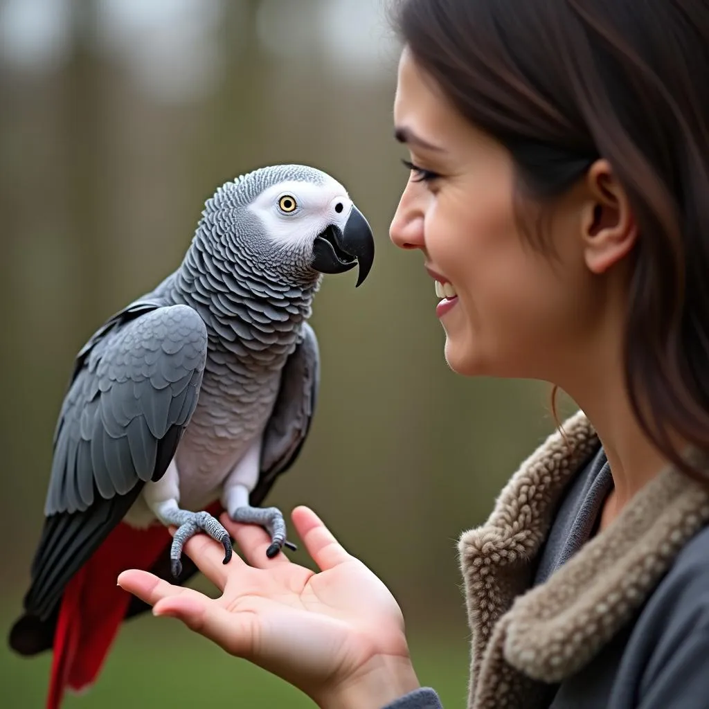 African Grey Parrot interacting with its owner