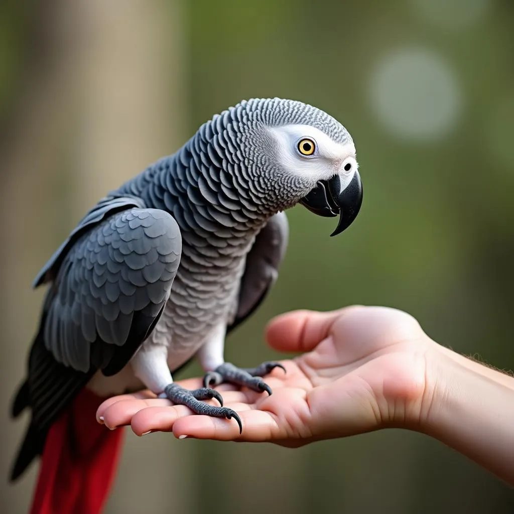 African Grey Parrot Interacting with its Owner