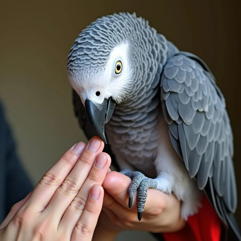 African grey parrot interacting with its owner