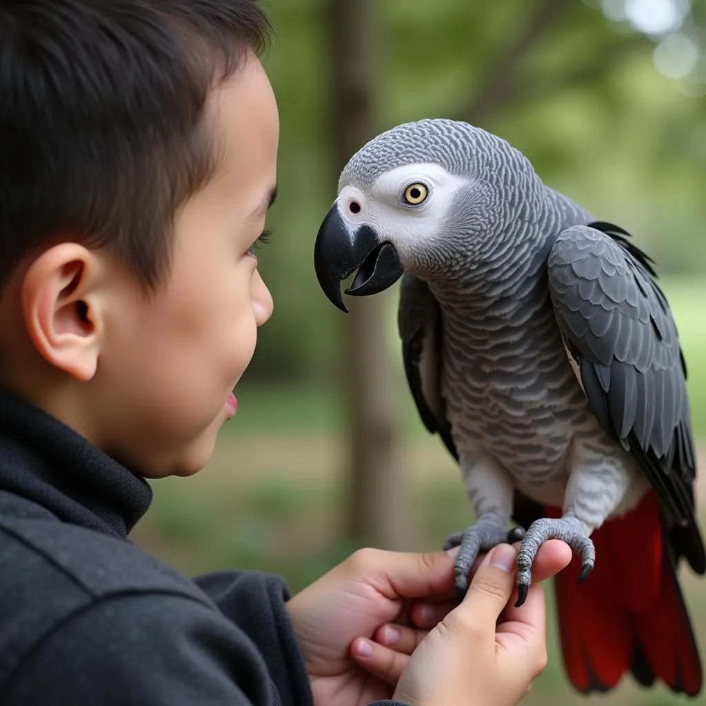 African Grey Parrot interacts with its owner