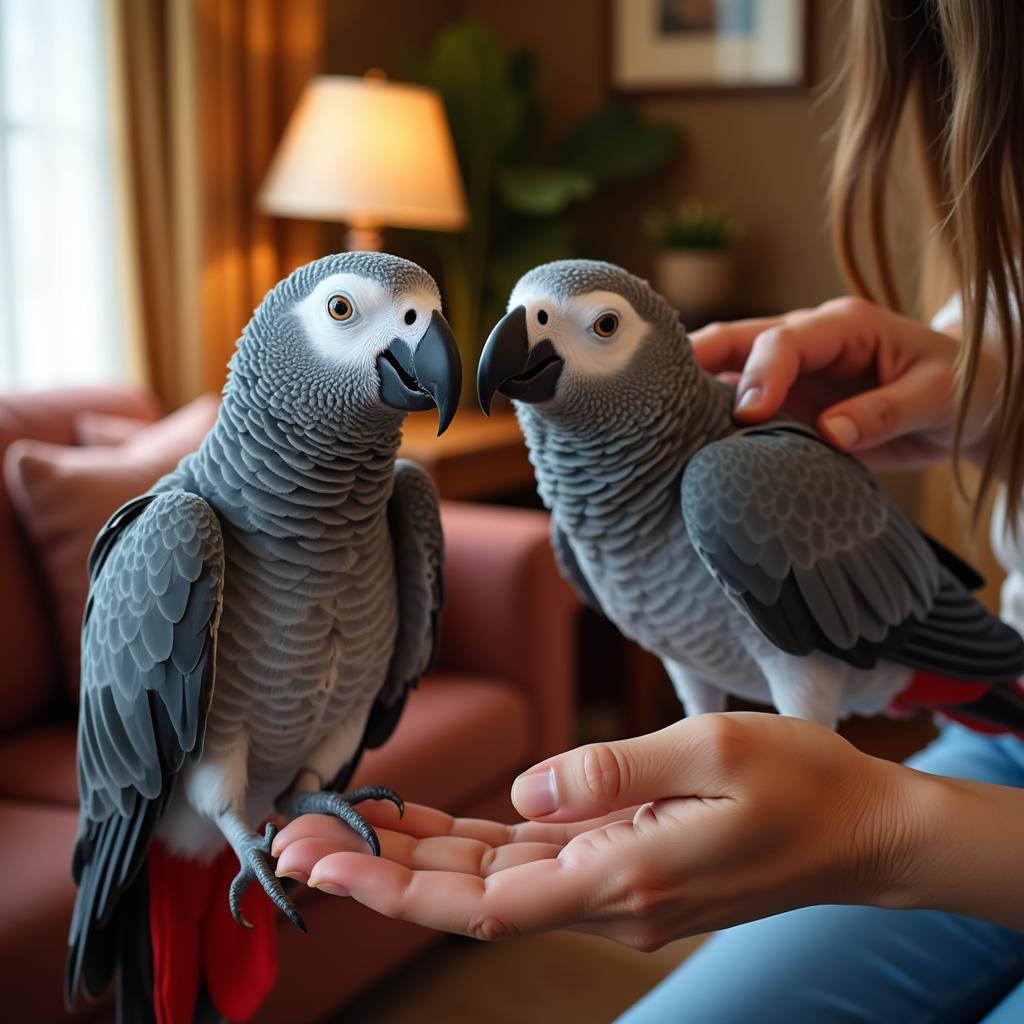 African Grey Parrot Interacting with Owner