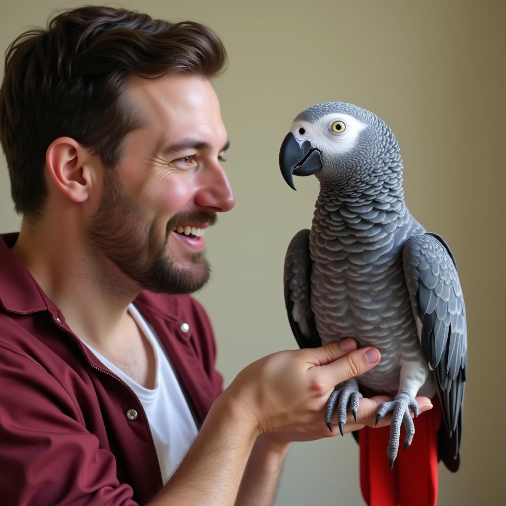 African Grey Parrot Interacting With Owner