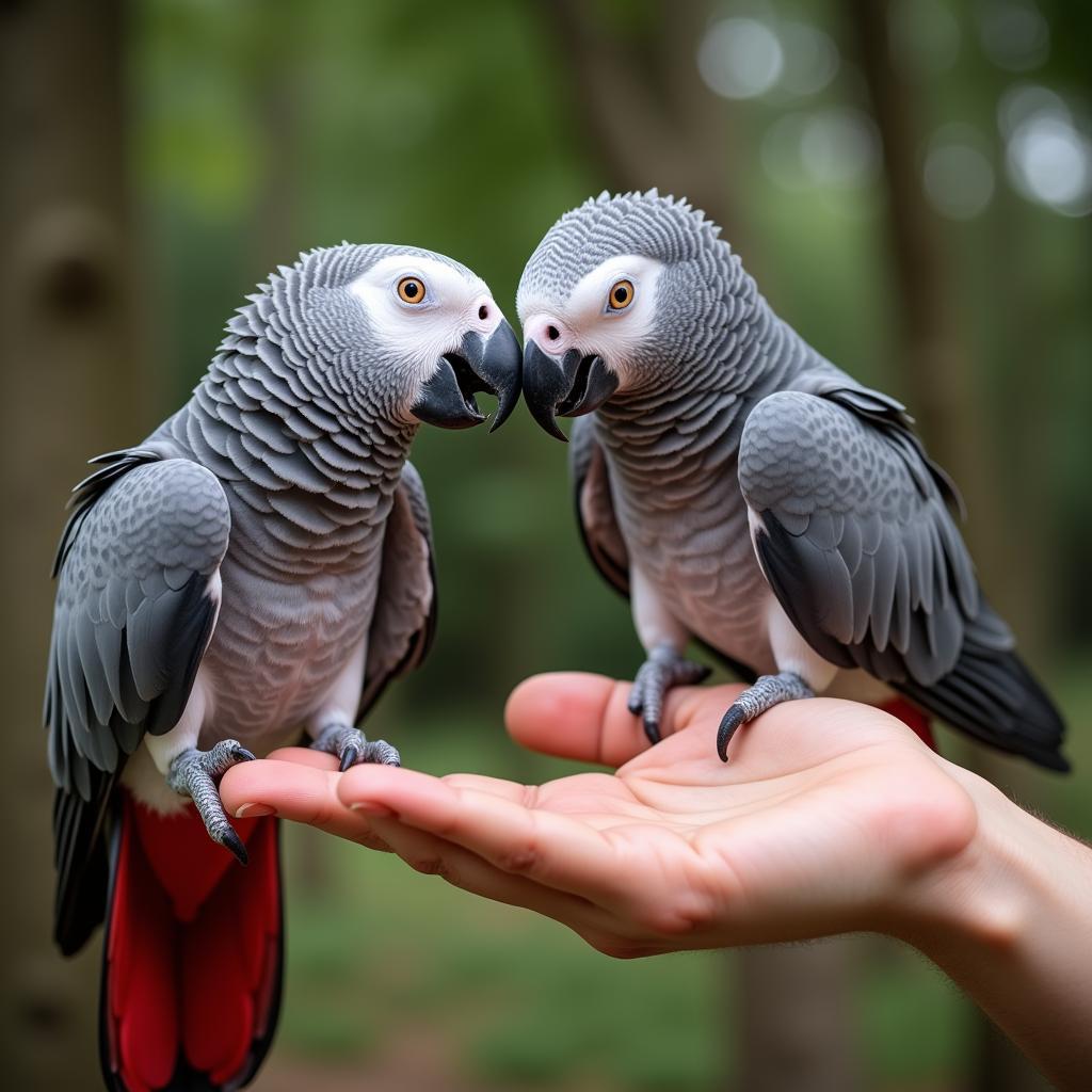 African Grey Parrot Interacting with Owner