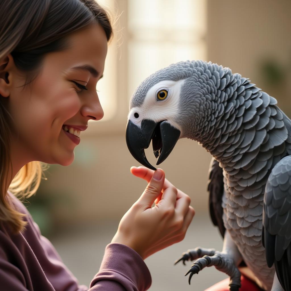 African Grey Parrot Interacting with Owner