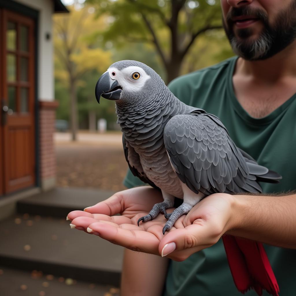 African Grey Parrot Interacting with Owner