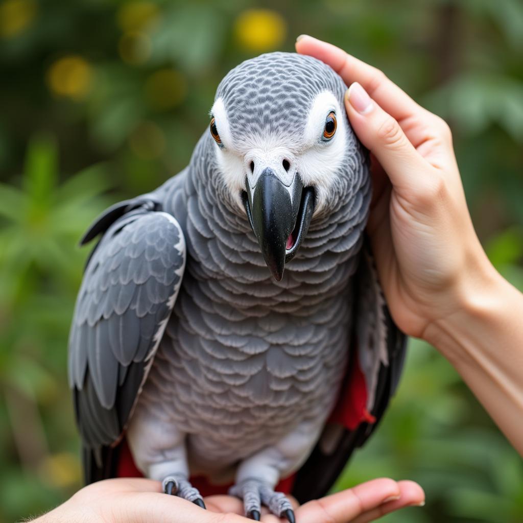 African Grey Parrot Interacting with its Owner