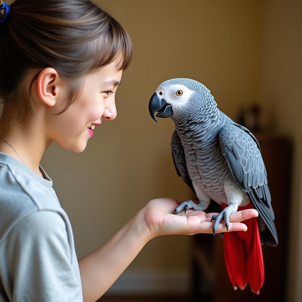 African Grey Parrot Interacting with its Owner