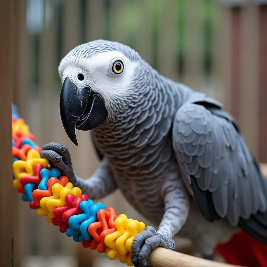 African Grey Parrot interacting with a toy