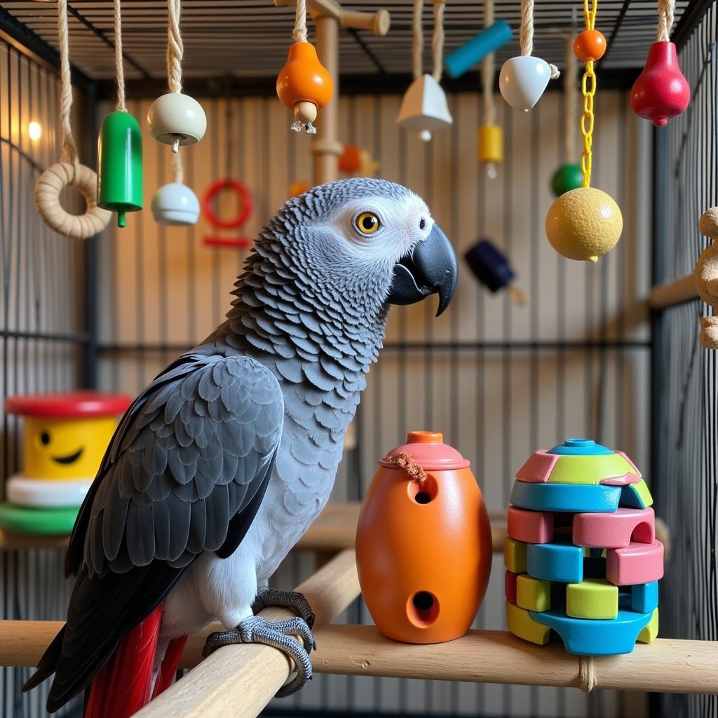 African Grey Parrot Interacting with Toys