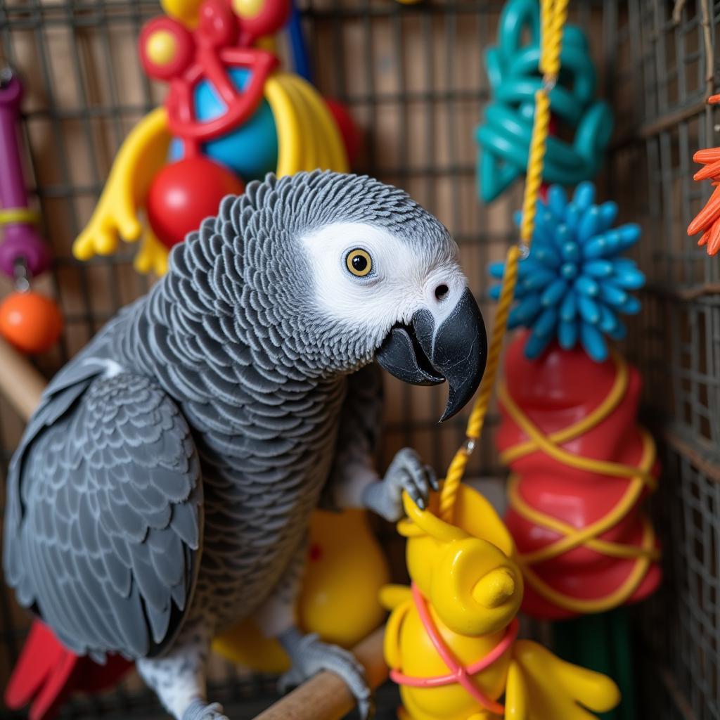 African Grey Parrot Interacting with Toys