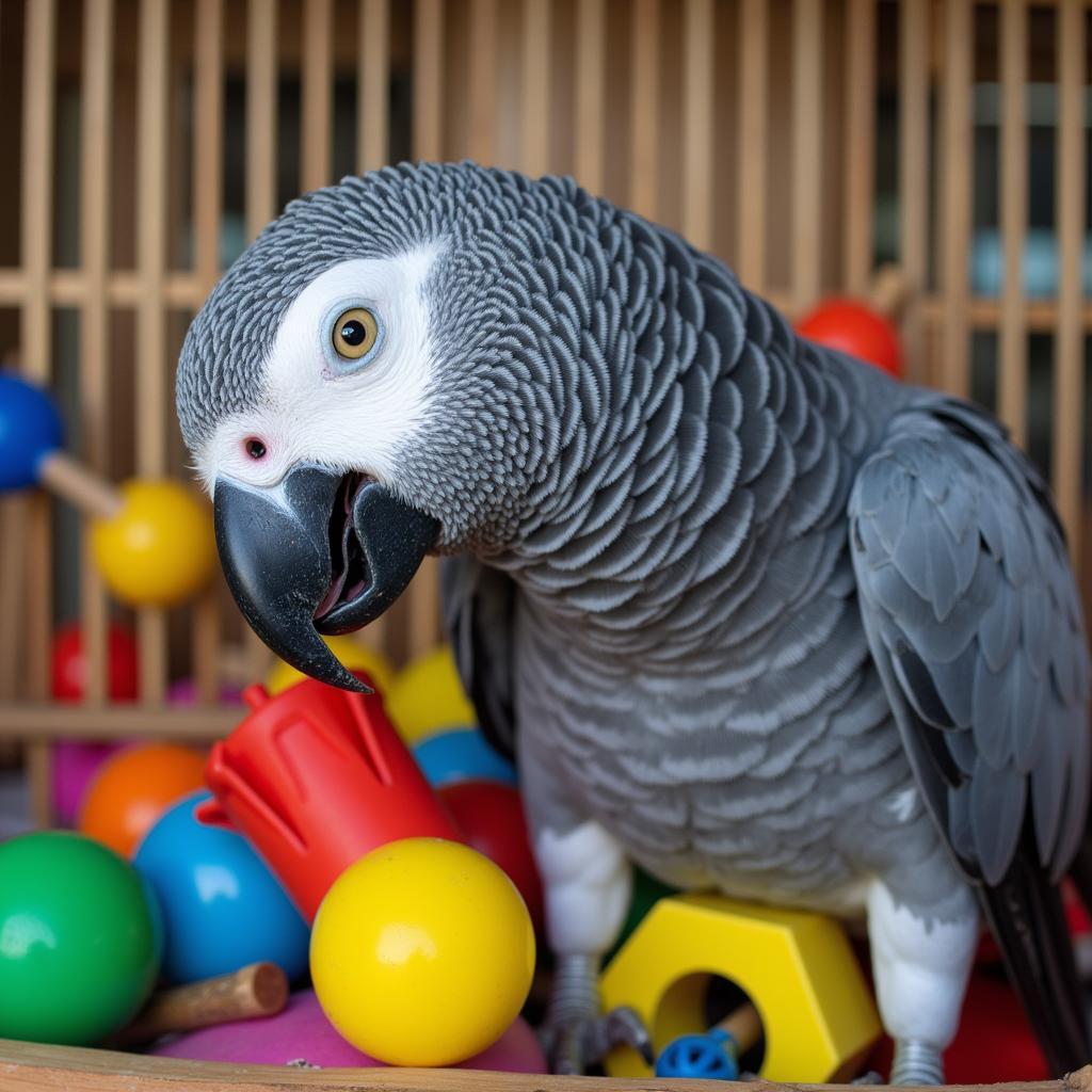 African Grey Parrot Playing with Toys