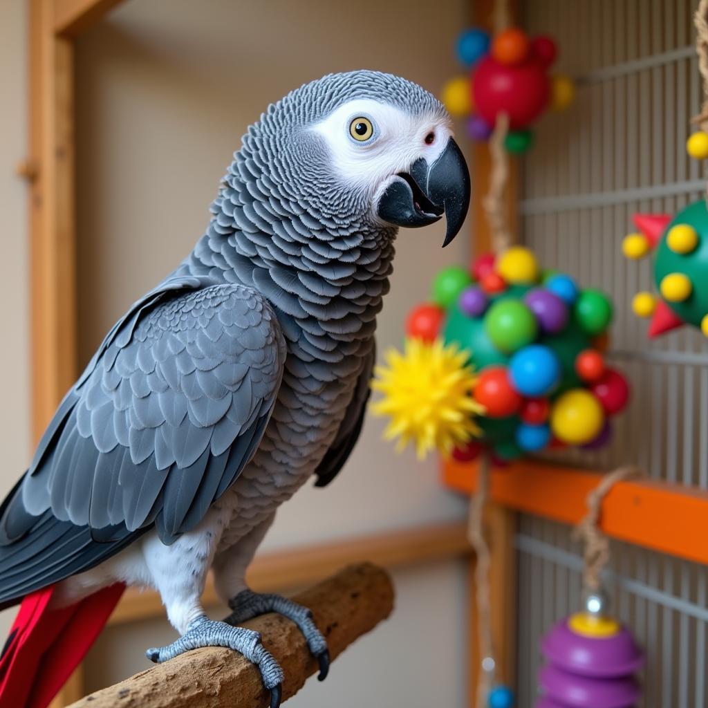 An African Grey Parrot engaging with enrichment toys in its cage