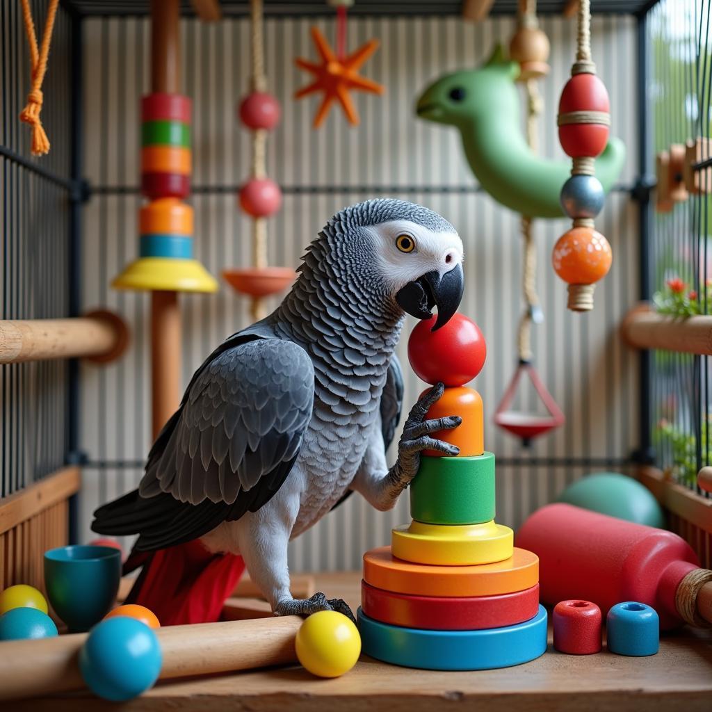 African Grey Parrot Interacting with Toys