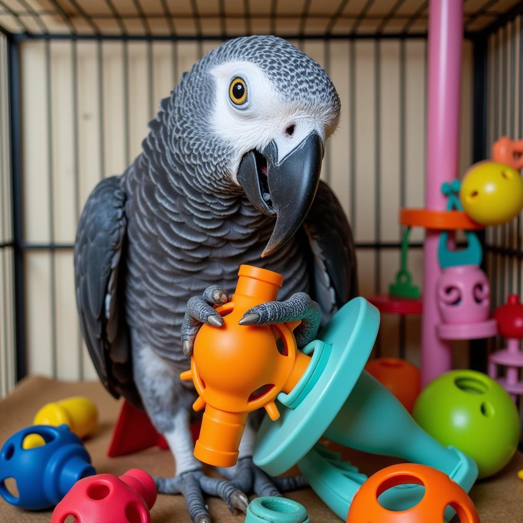 African Grey Parrot Playing with Toys