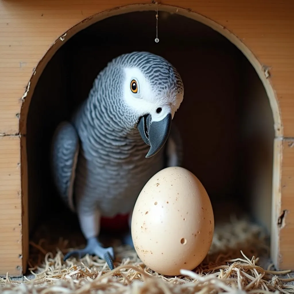 African Grey Parrot Laying Egg in Nest