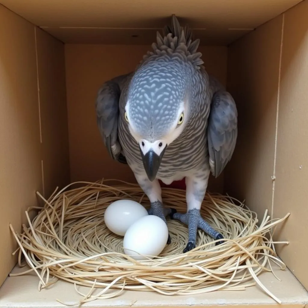 African Grey Parrot laying eggs in a nest box