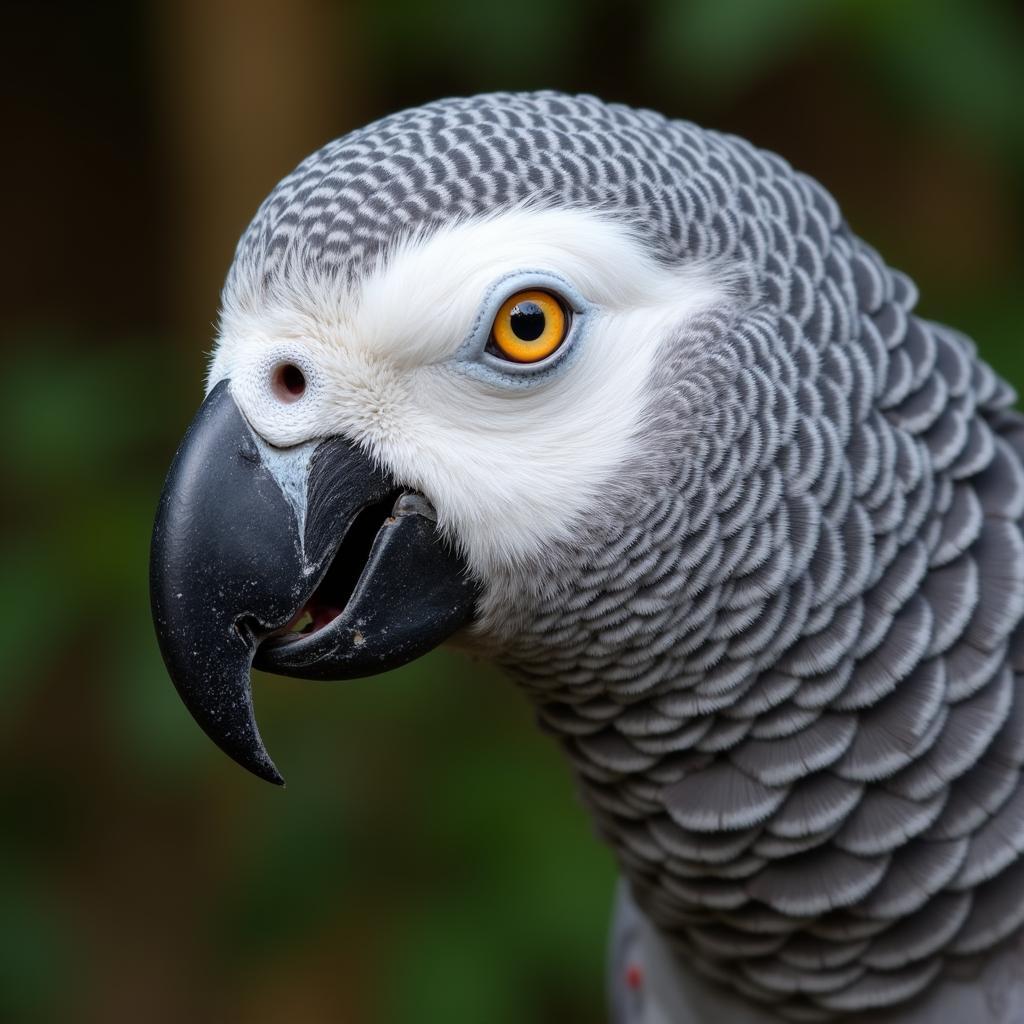 An African Grey parrot engaging with its owner, mimicking words. 