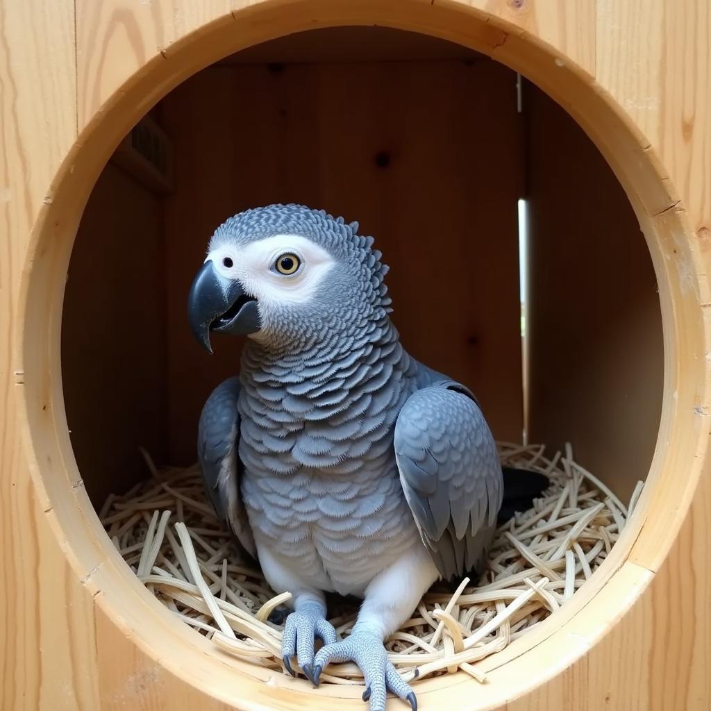 African Grey Parrot in Nesting Box