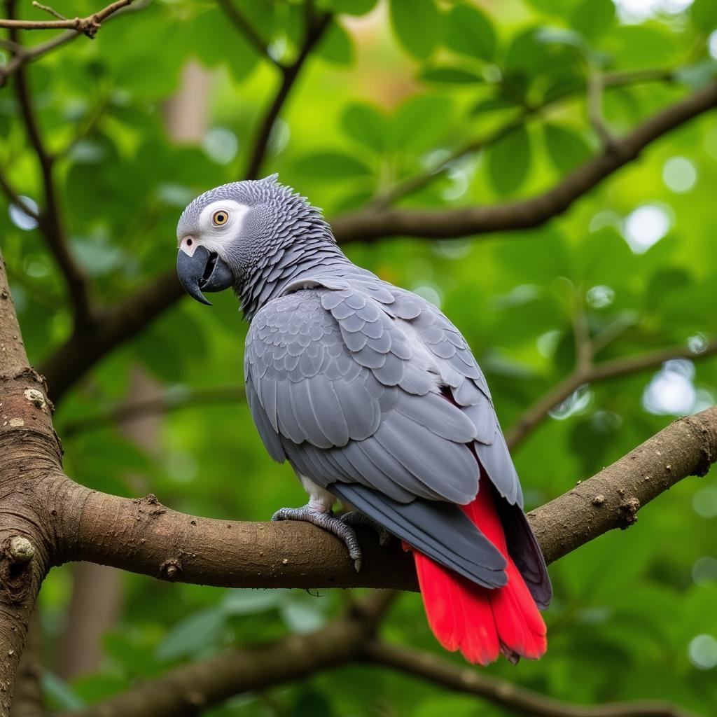 African Grey Parrot Perched on a Branch in Trichy