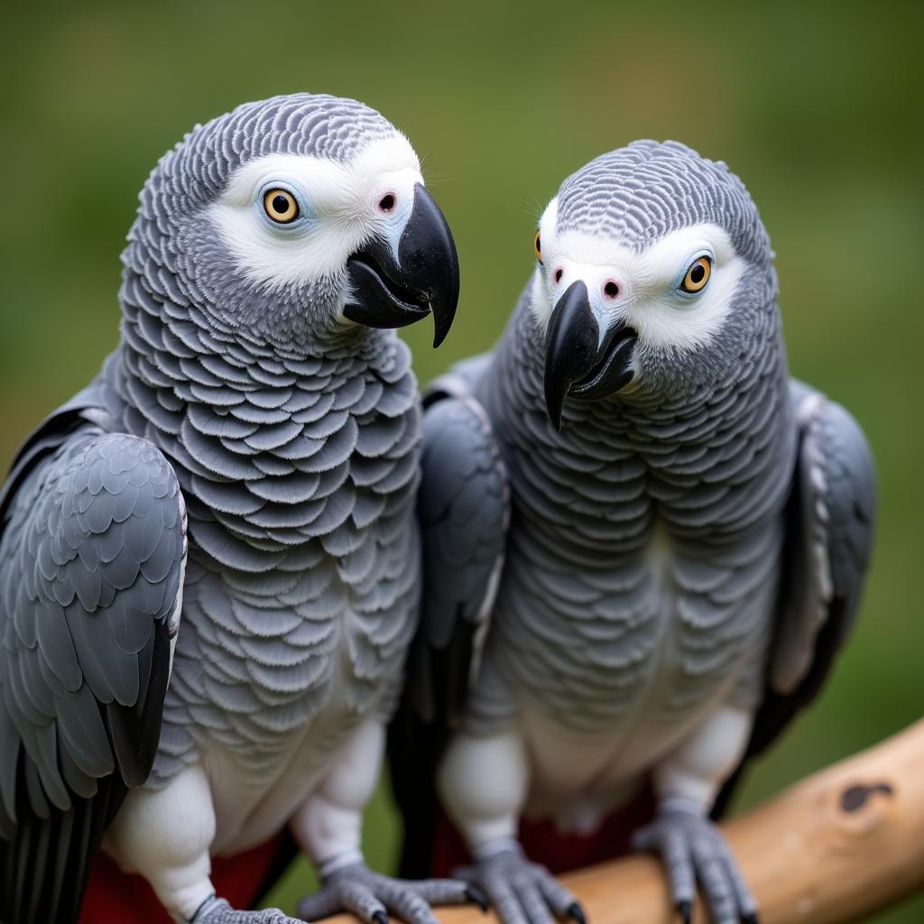 Two African Grey Parrots perched on a branch