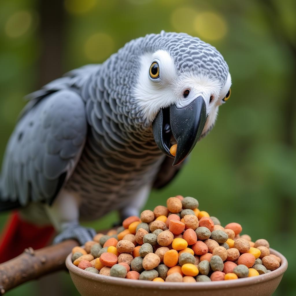 African Grey Parrot Eating Pellets