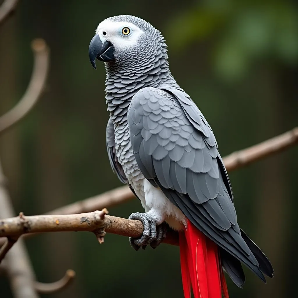 An African Grey Parrot showcasing its vibrant plumage while perched on a branch