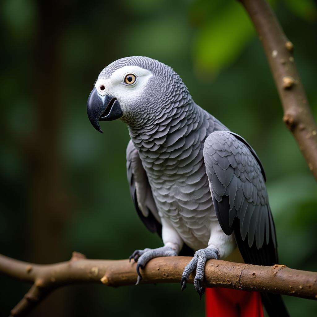 African Grey Parrot Perched on a Branch