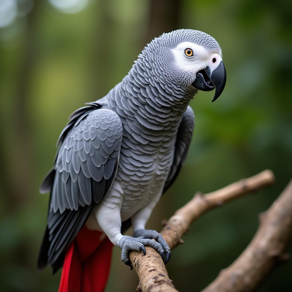 A healthy and vibrant African grey parrot perched on a branch