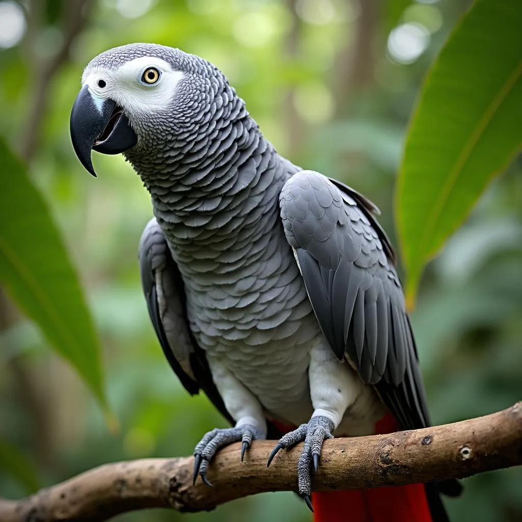 African Grey Parrot perched on a branch