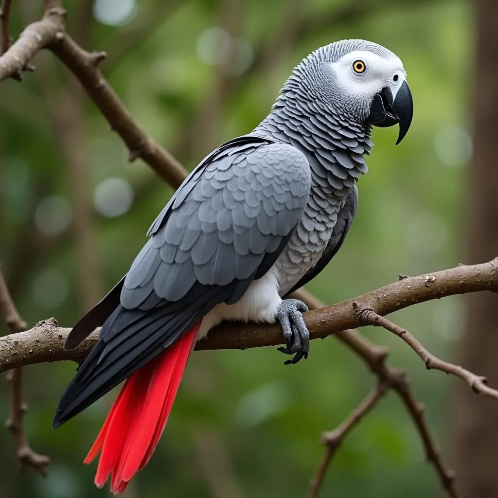 African Grey Parrot perched on a branch