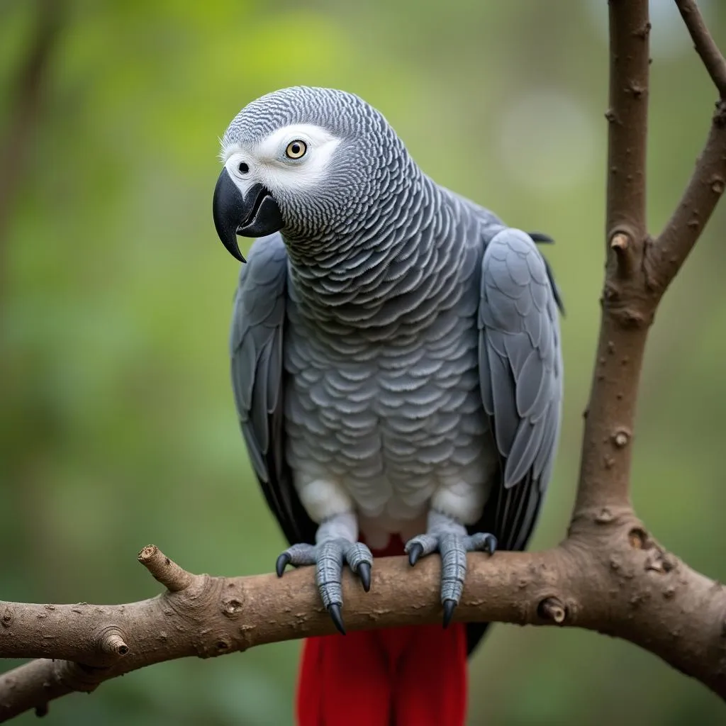 African Grey Parrot perched on a branch