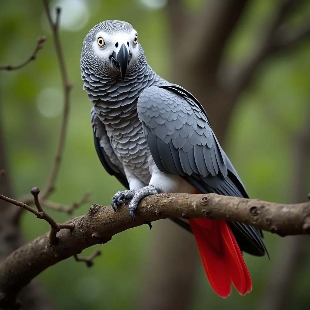 African Grey Parrot Perched on a Branch