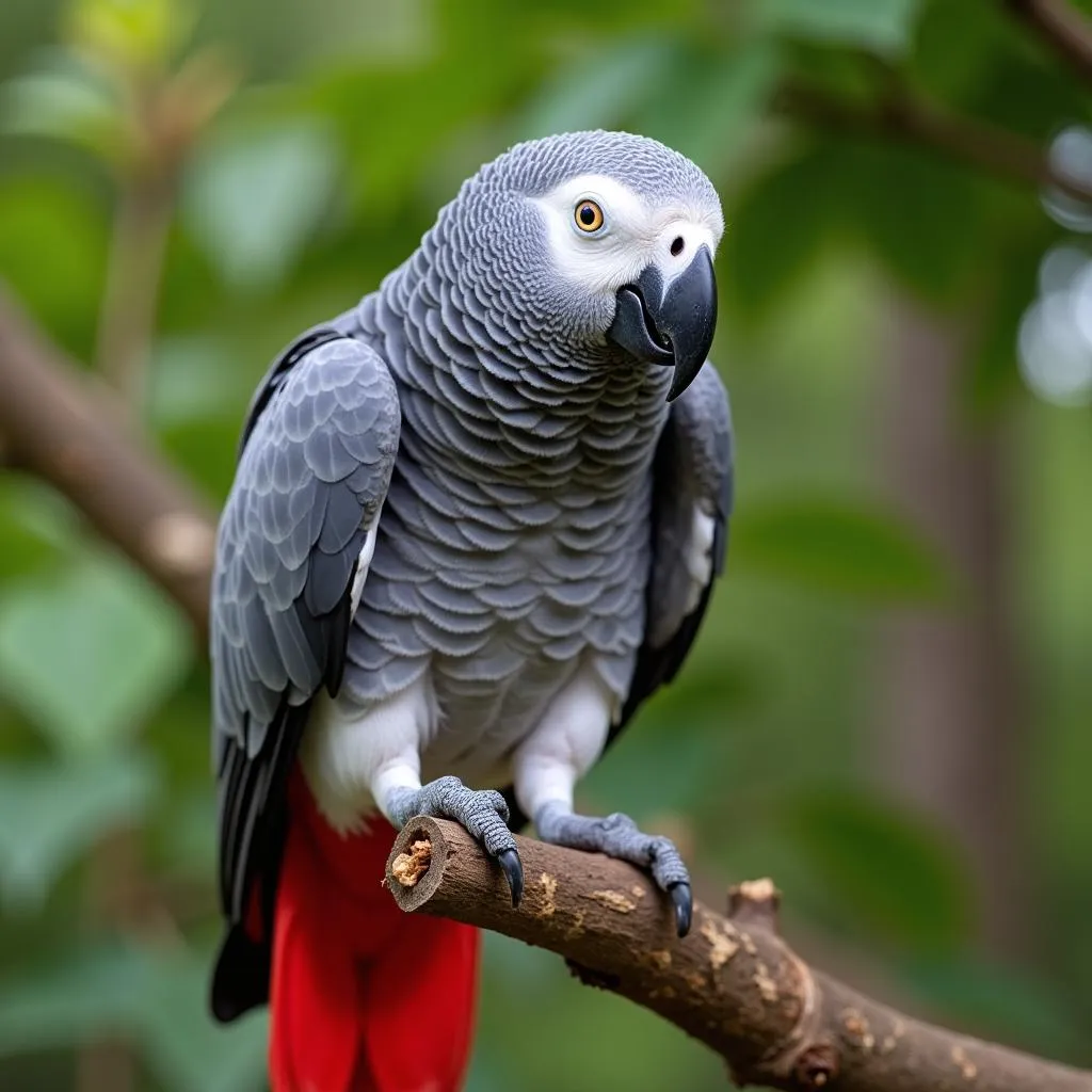 African Grey Parrot perched on a branch