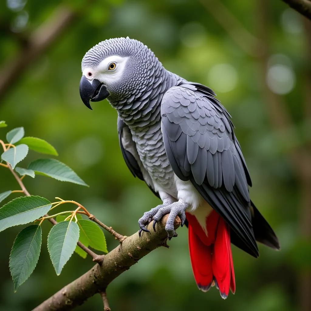 African Grey parrot perched on a branch in a natural setting