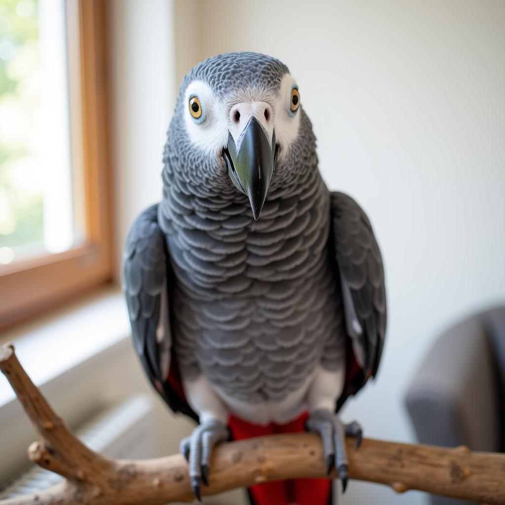 African Grey Parrot Perched on a Branch