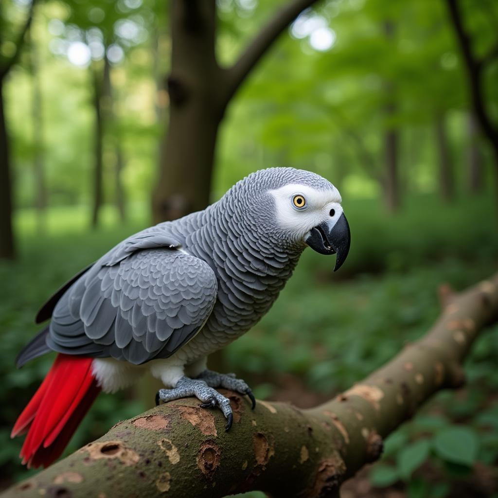 African Grey Parrot perched on a branch