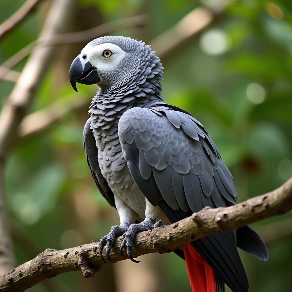 African Grey Parrot perched on a branch