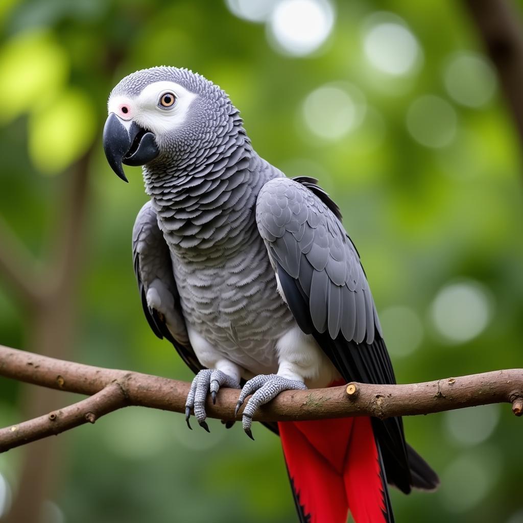 African Grey parrot perched on a branch in a Bangalore home