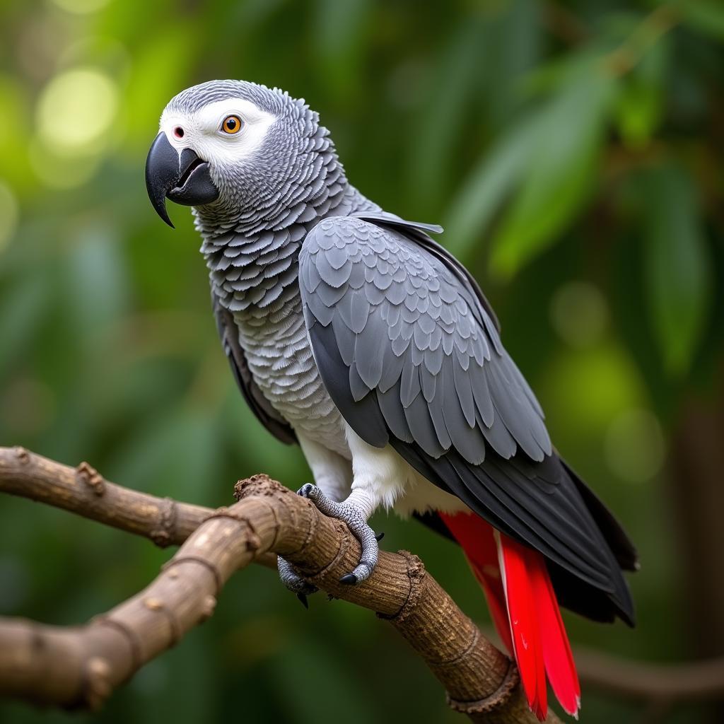 African Grey Parrot perched on a branch