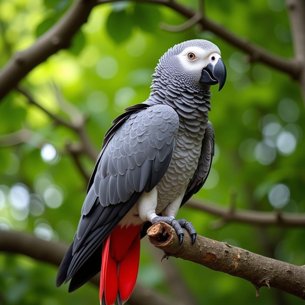 African Grey Parrot Perched on a Branch