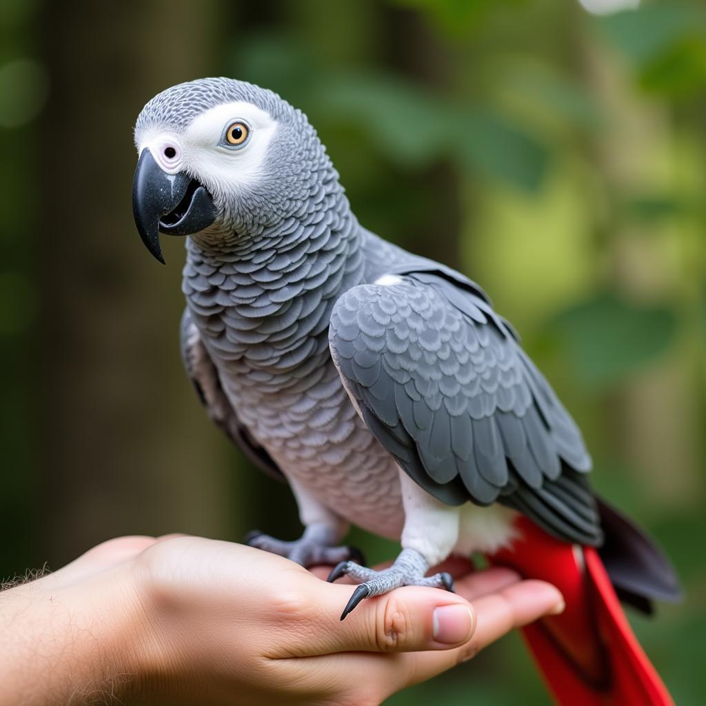 African Grey Parrot Perched on Owner's Hand