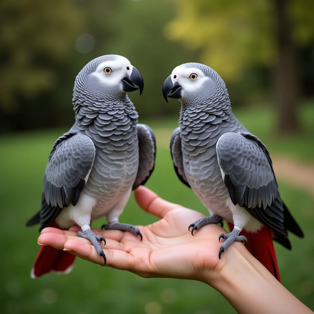 Happy African Grey Parrot with Owner