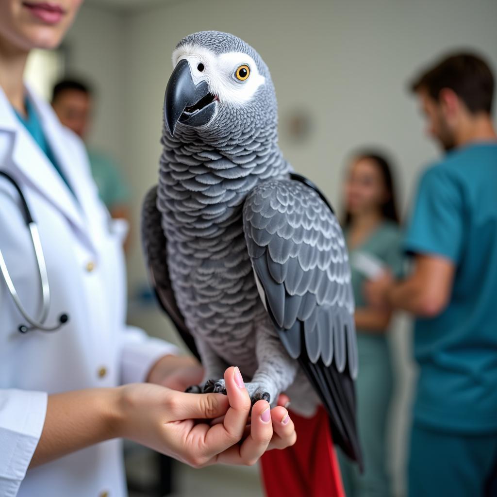 African Grey Parrot Perched on Veterinarian's Hand during Checkup