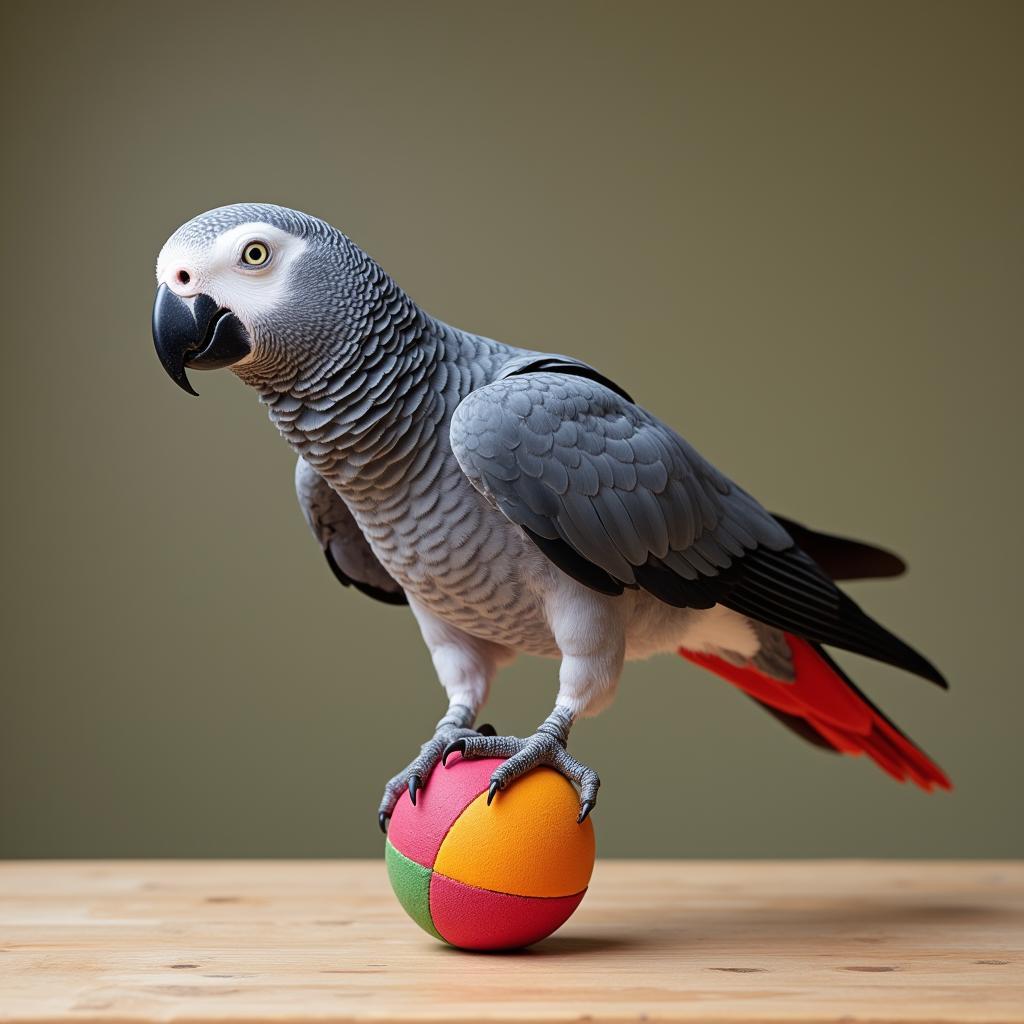 African Grey parrot balancing on a small ball