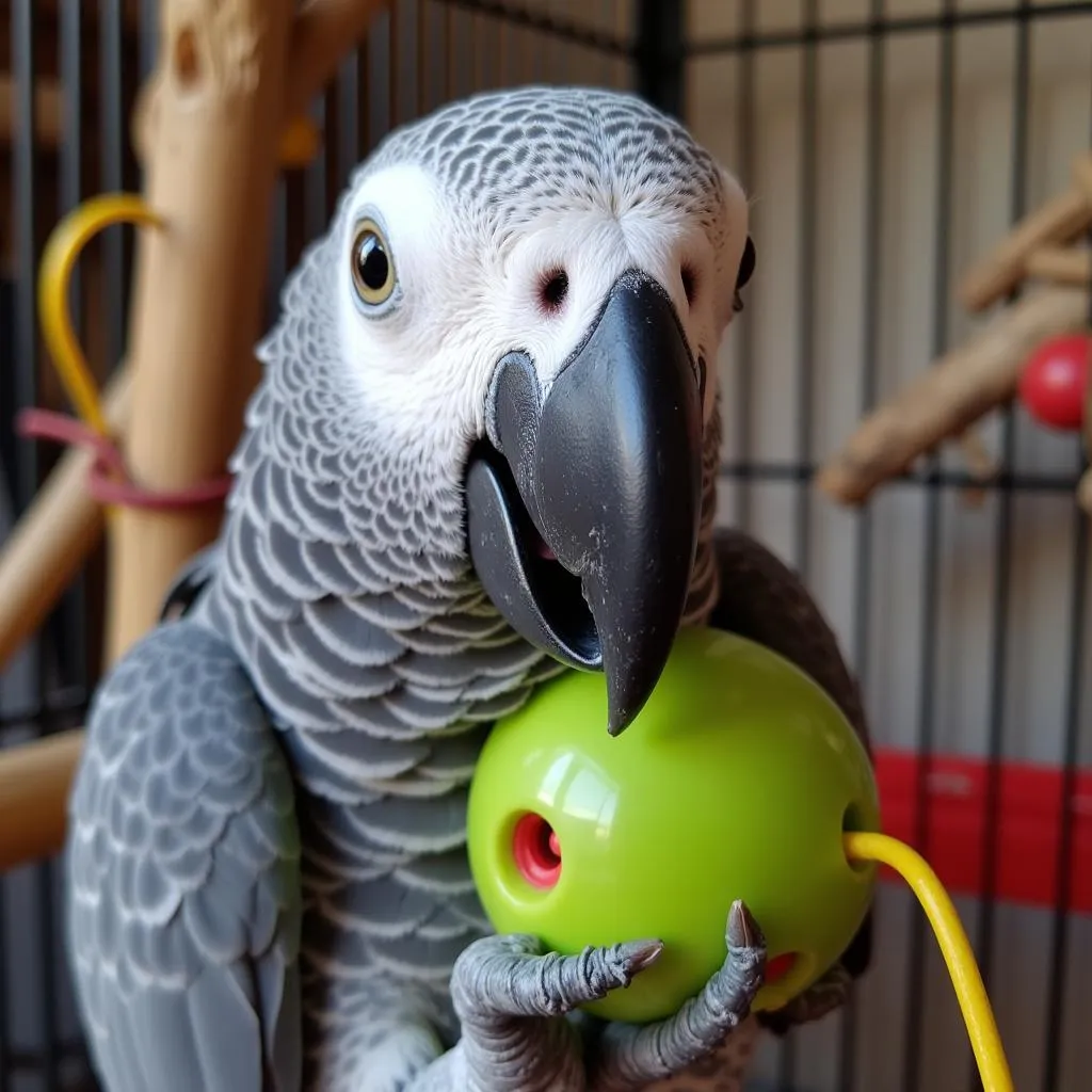 African Grey Parrot Playing in Cage